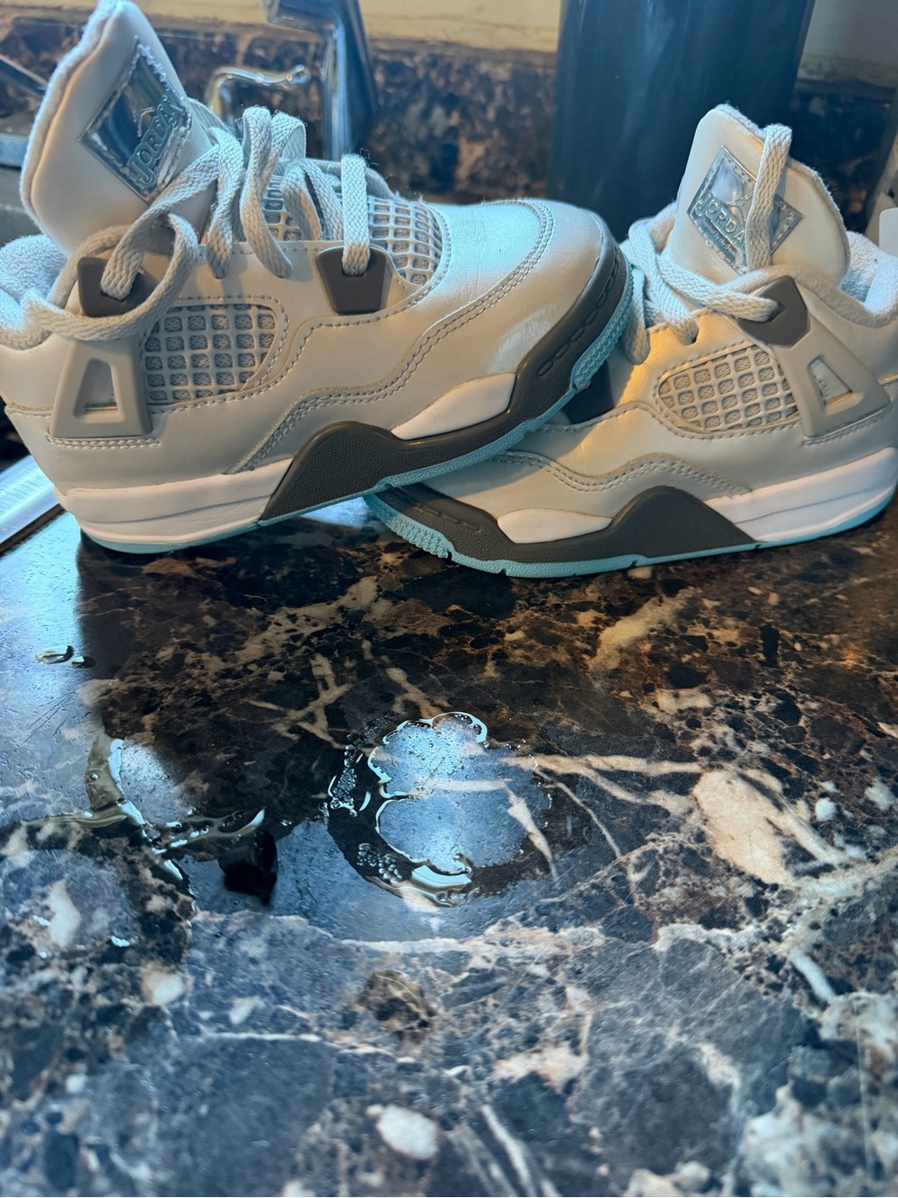 Jordan Kids White and Light Gray Sneakers with Ice Blue Accents